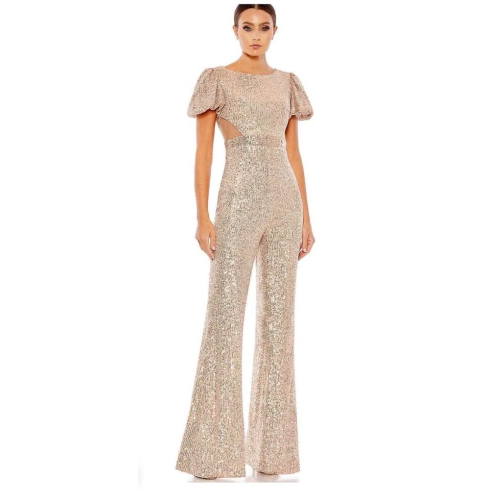 Ieena For Mac Duggal Puff Sleeve Rose Gold Sequin Wide Leg Jumpsuit Size 4